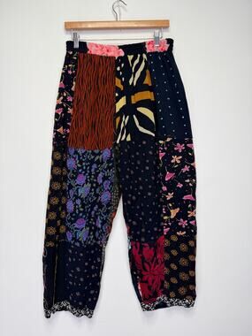 Vtg 90s Sacred Threads Patchwork Pants M/L Rayon Boho Embroidered Granola Girl